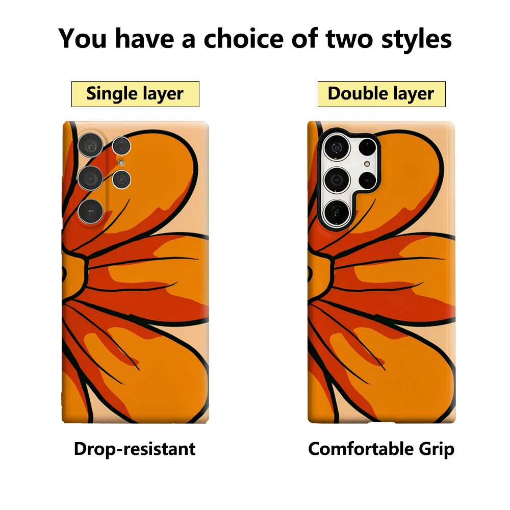 حافظة هاتف جريئة على شكل زهرة برتقالية لهاتف سامسونج جالاكسي S25 Ultra S24 S23 Ultra Plus غطاء خلفي لامع بطبقة مزدوجة #2