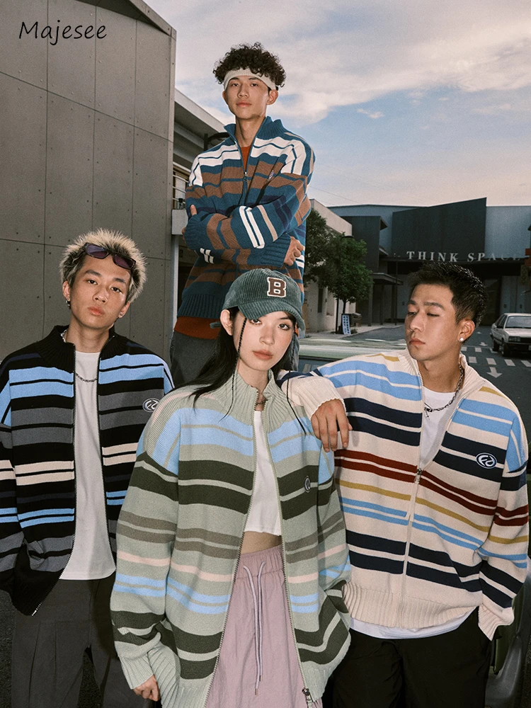 

Striped Cardigan Men Contrast Color All-match Slouchy Long Sleeve High Street Japanese Style Harajuku Couple Knitwear Autumn New