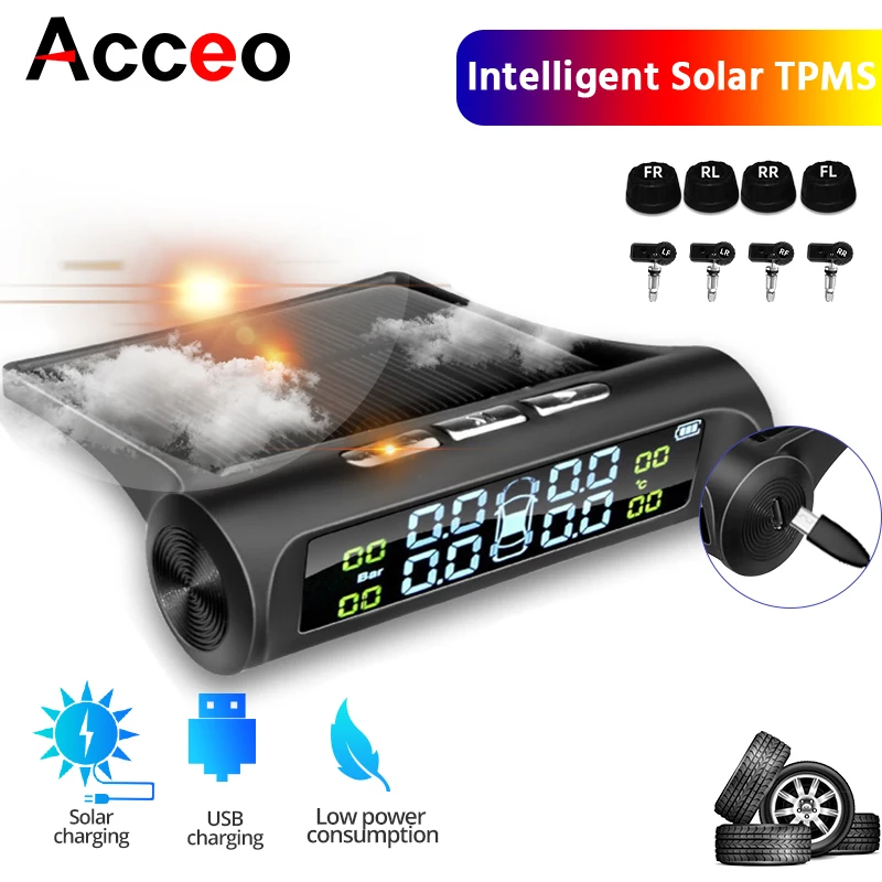 ACCEO Intelligent TPMS Solar Tyre Pressure Safety Alarm System Parking Sensors for Car Smart Temperature Tire Air Pressure Gauge