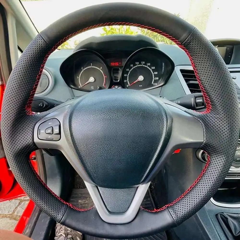 

For Ford EcoSport Fiesta 2008-2017 Car Accessories Braid Car Steering Wheel Cover Wrap Anti-Slip Black Artificial Leather