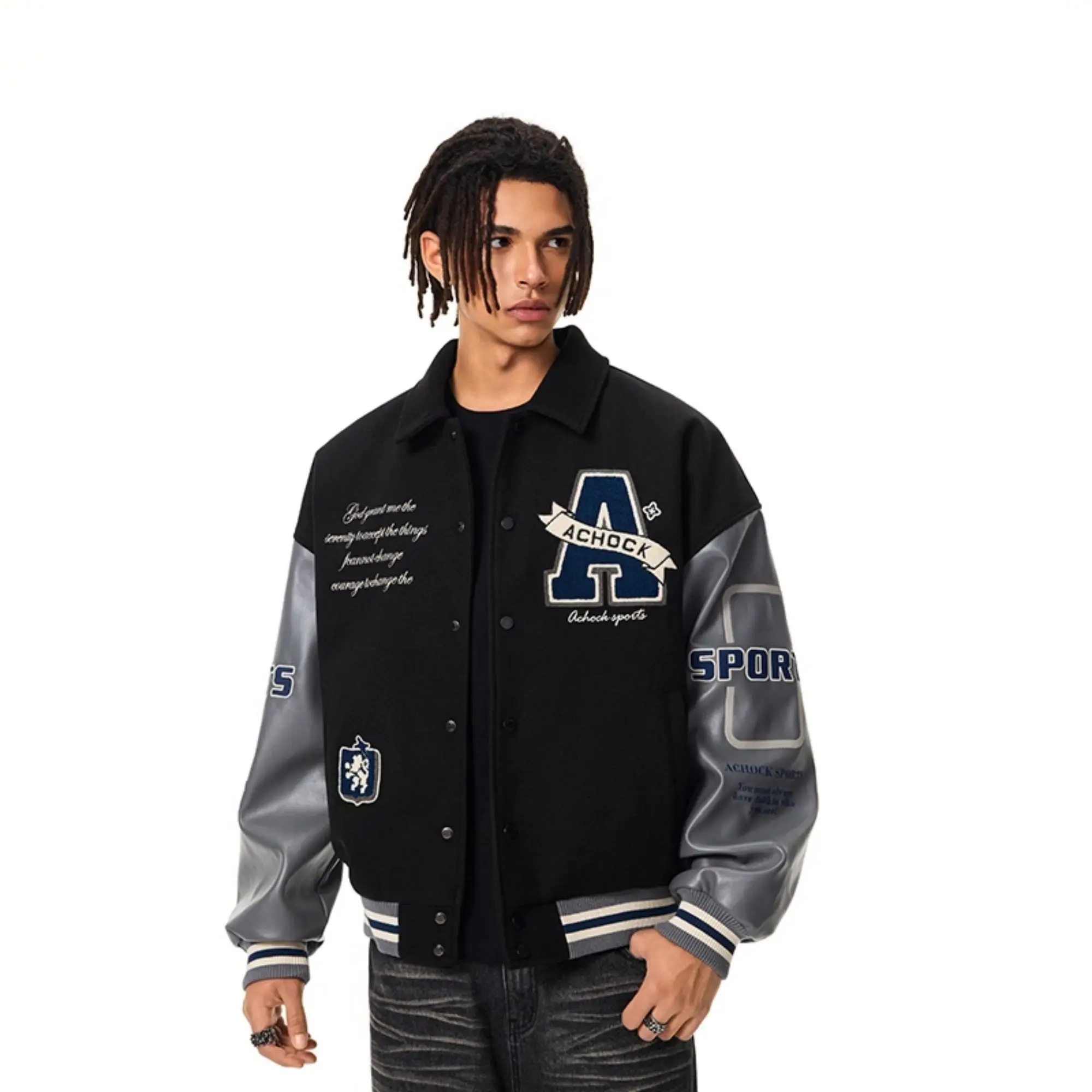 

Trendy Vintage Varsity Jacket Men Autumn Streetwear Turn Down Collar Embroidery Patchwork Baseball Bomber Hip Hop Casual Coat
