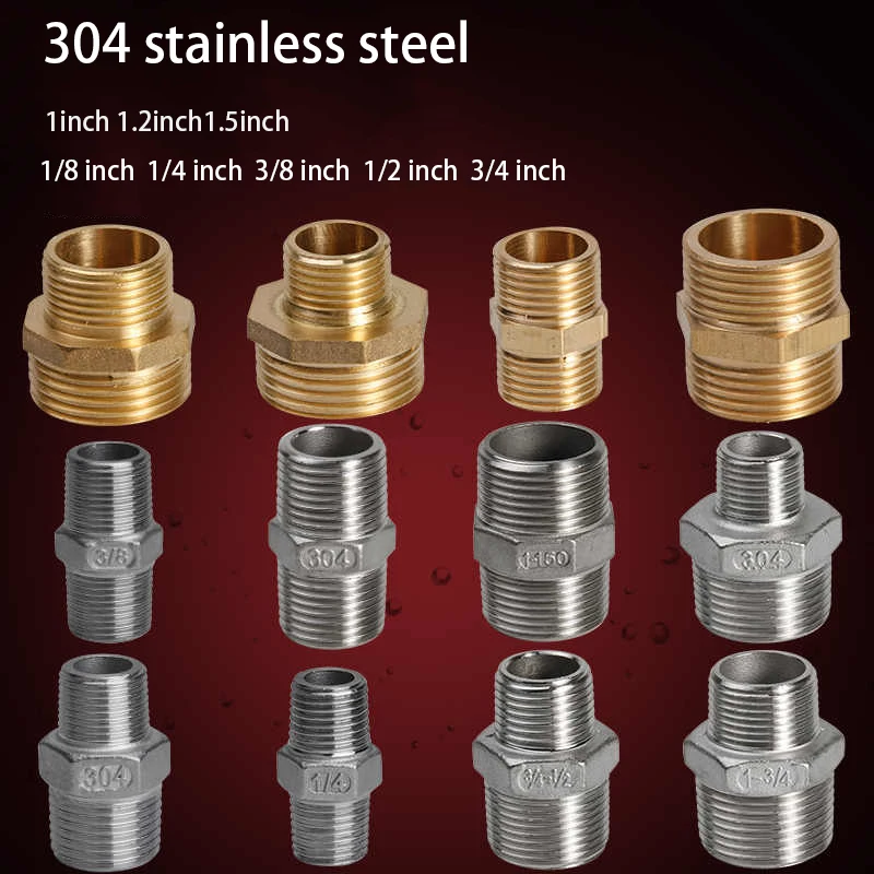 

1/8" 1/4" 3/8" 1/2" 3/4" 1" 2"Stainless Steel Male Thread Joint External Thread Double Headed Straight Through Water Pipe Joint