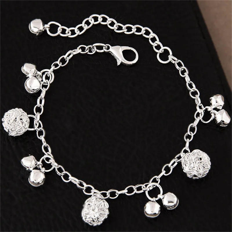 1PC New Silver Plated Bracelet Fashion Bell Charms Beads Pendant Chain Bracelet For Women Girl Jewelry Accessories Birthday Gift