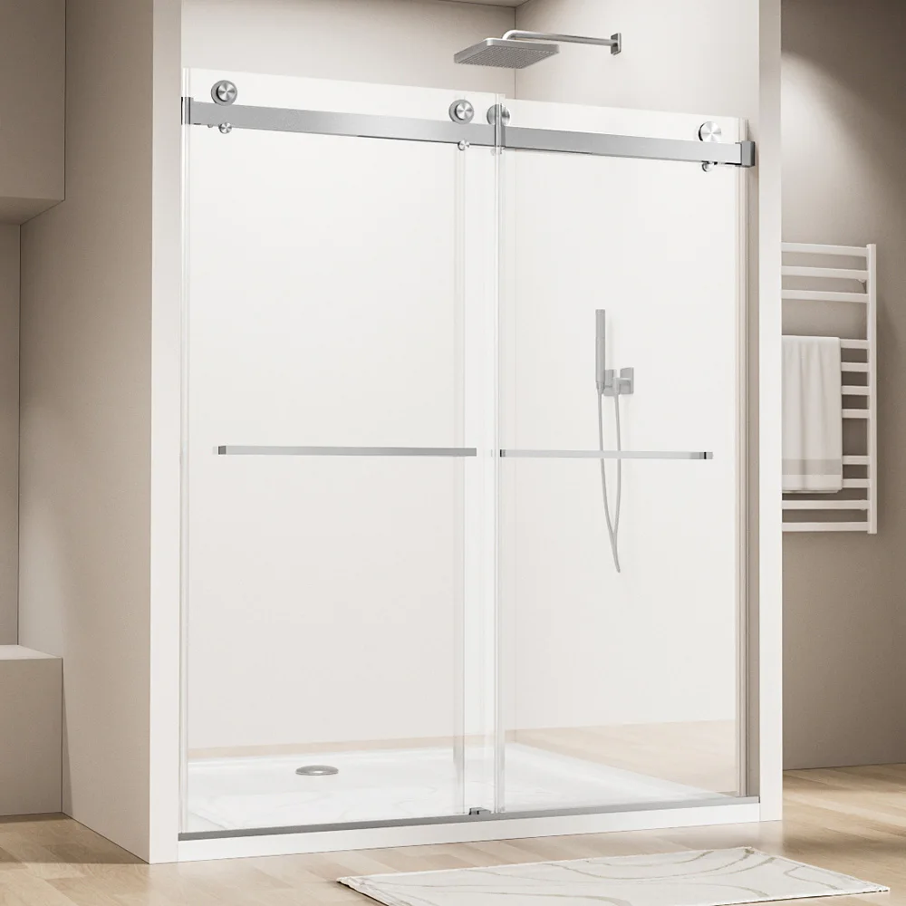 Porta de chuveiro de banheiro de 56- 60 polegadas de largura x 70 polegadas de altura, porta de vidro com vidro temperado 3C transparente de 5/16 polegadas (8 mm), processo de fixação, ferragens de aço inoxidável, níquel escovado