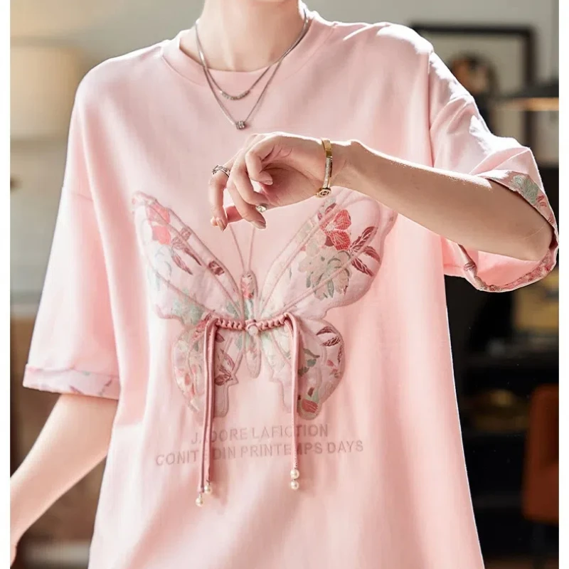 Korean Fashion Summer New Women's O-Neck Letter Embroidered Frog Temperament Casual Loose Short Sleeve Mid-length T-Shirts Tops