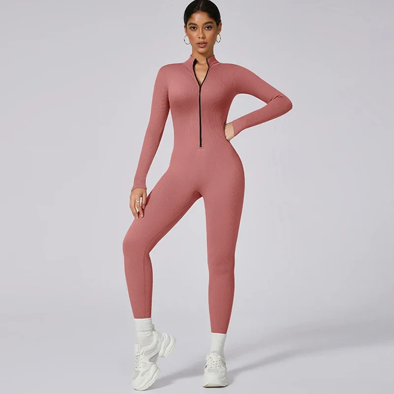 Tute da palestra a costine Pagliaccetto sportivo con cerniera Tuta da fitness a maniche lunghe Tuta da allenamento da donna Abbigliamento sportivo Tuta intera