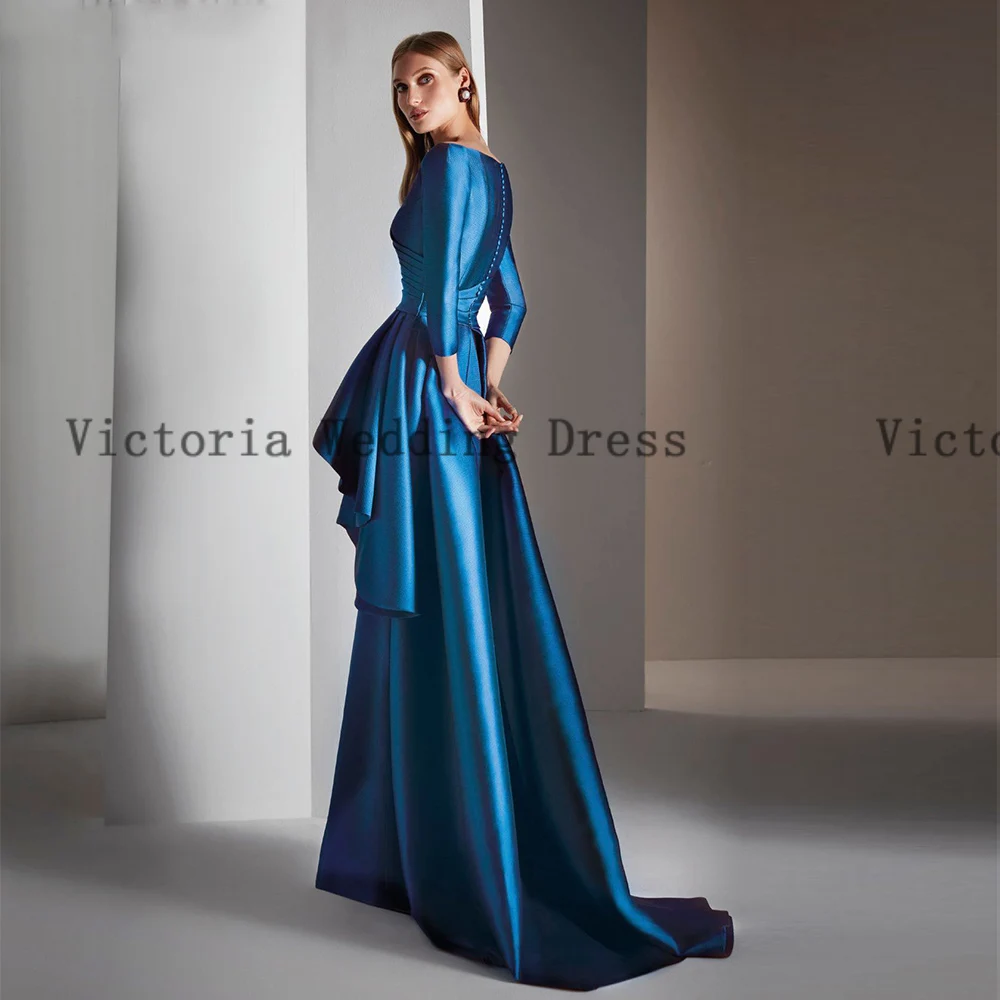 Elegant Blue Mother Of The Bride Dresses V Neck 3/4 Sleeves Mermaid Wedding Guest Dress Pleat Floor-Length Vestido De Noiva