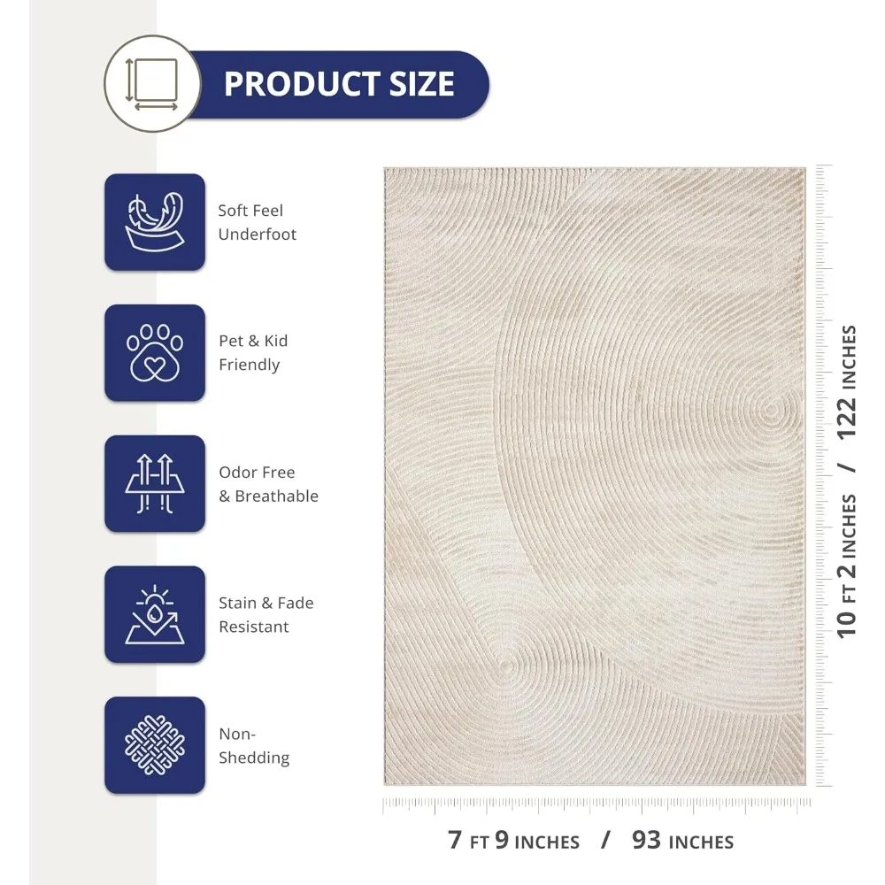 Neutral Beige Area Rug 8x10 ft, Tan Geometric Carpet with Zen Circle Pattern for Living Room
