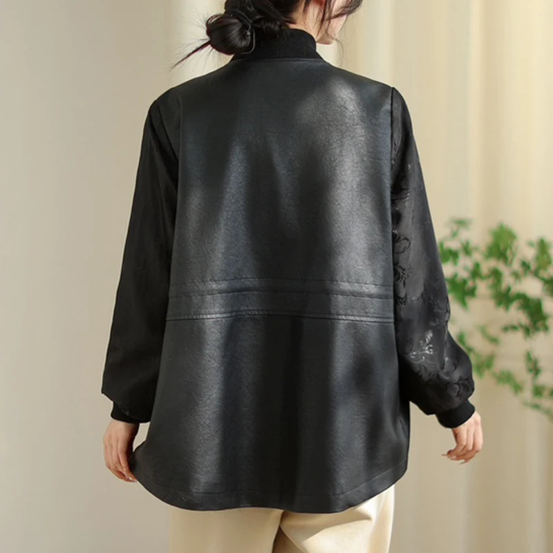 Masss wasss 2025 outono feminino lazer clássico impresso solto blusões das mulheres do vintage jaquetas do plutônio moda casacos de couro falso