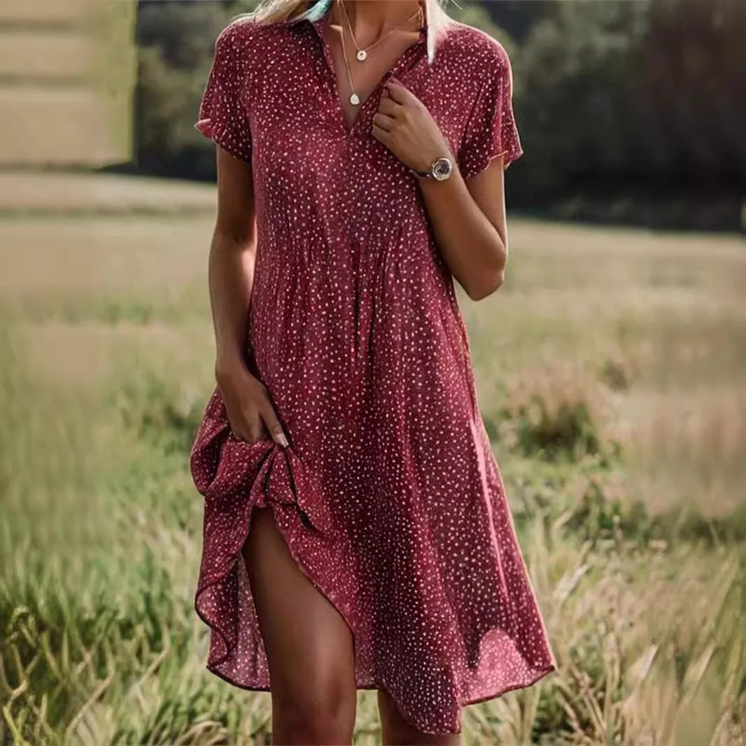Summer Polka Dot Print Shirt Dress V Neck Short Sleeve Loose Fit Women's Dress a Line Skirt British Style Polyester Fabric