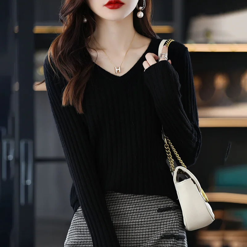 New Solid Color V Neck Knitted Sweater Temperament Fashion Long Sleeve Woman Slimming Pullovers Comfortable Soft Warm Tops