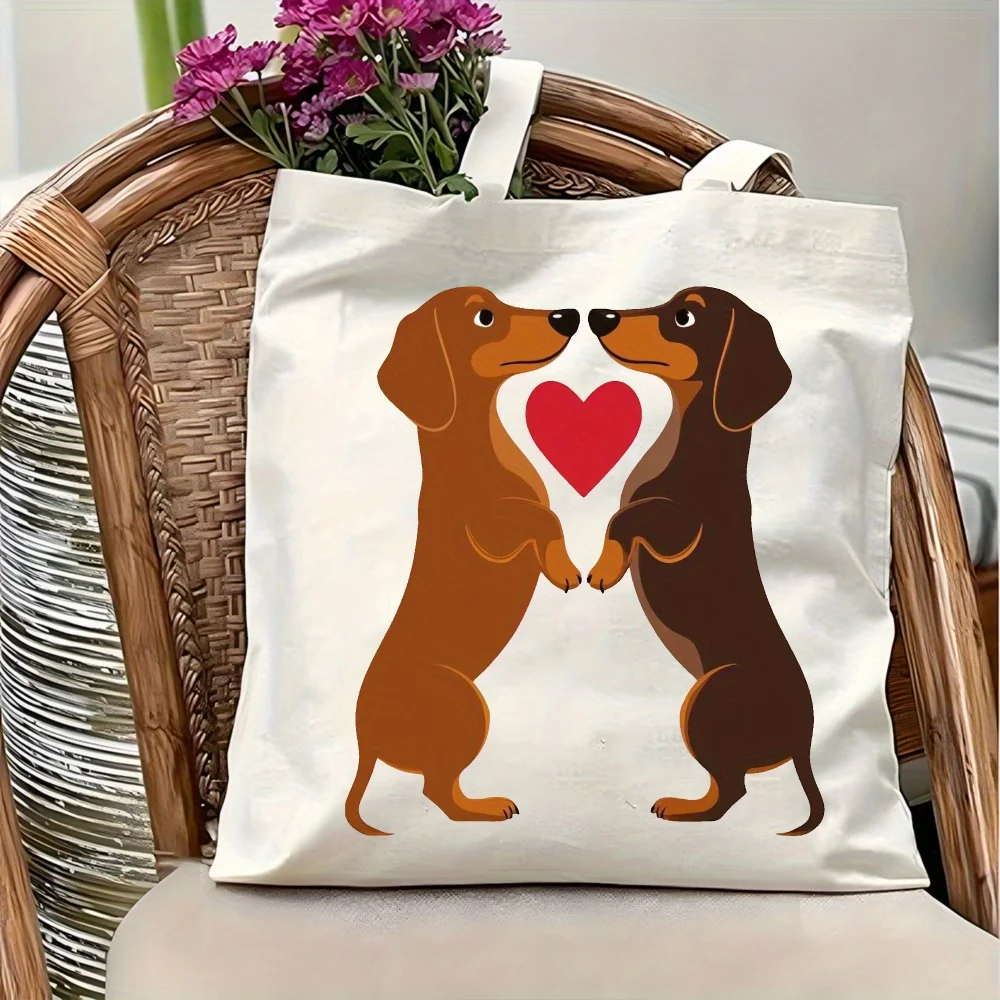 1pc Dachshund with Heart Themed Printed Tote Bag,Reusable Sh