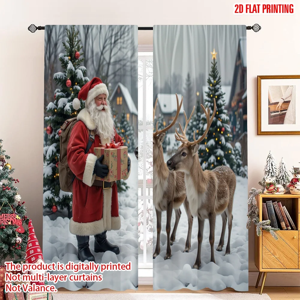 

2pcs 2D flat printing Merry Christmas Party Curtains Santa Christmas Reindeer Gifts Polyester Fabric Without Electricity