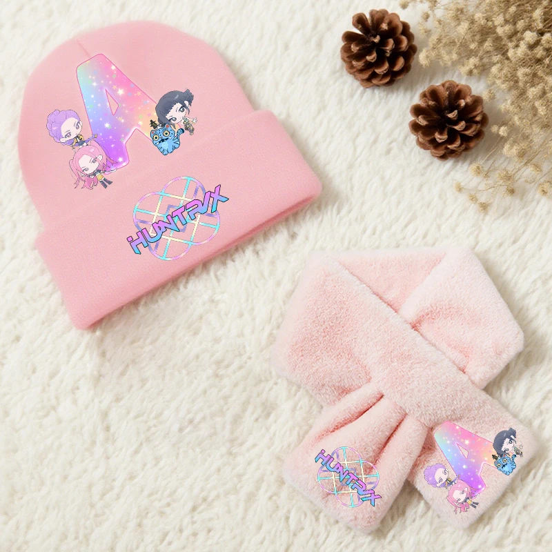 

Kpop Demon Hunters Girls Cute Knitted Hats Scarf 2PCS Set Pink Letters Children Winter Cap Neckerchief Kids Xmas Birthday Gifts