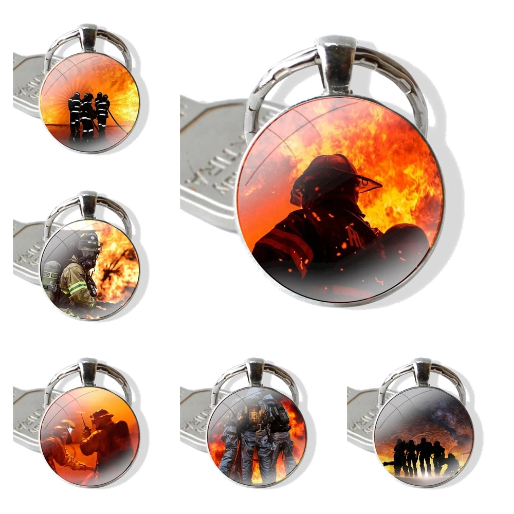 Firefighter Keychain Handmade Glass Cabochon Key Ring Holder Pendant Key Chains