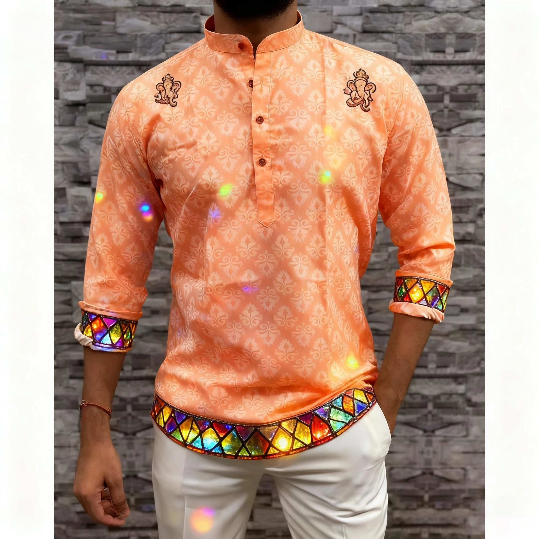 الرجال مسلم بسيط عارضة قميص العرقية الطباعة نمط طويل الأكمام قميص الوقوف طوق البرق رقيقة بلوزة النمط الوطني