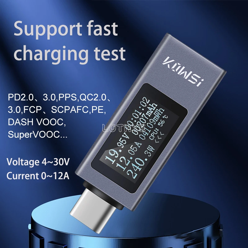 Type-c Multi-function Digital Display DC Voltage Ammeter Power Meter Cell Phone Charging Tester DC 4-30V 0-12A KWS-2301C