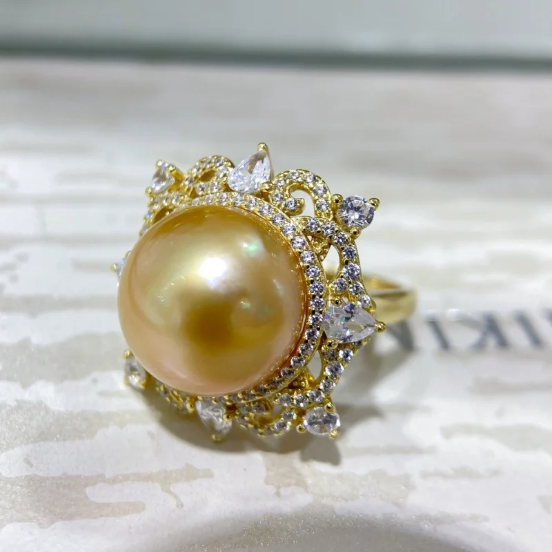 SGARIT Anillo redondo dorado con cuentas de oro del Mar del Sur, alianza de boda de perlas con incrustaciones de plata de ley 925 de 13-14mm para aniversario