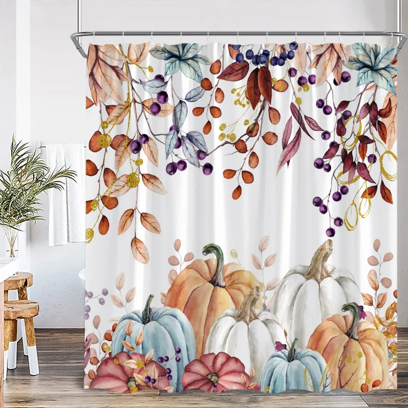 Autumn Pumpkin Shower Curtains Fall Watercolour Plant Leaves Modern Minimalist Polyester Fabric Home Bathroom Decor With Hooks