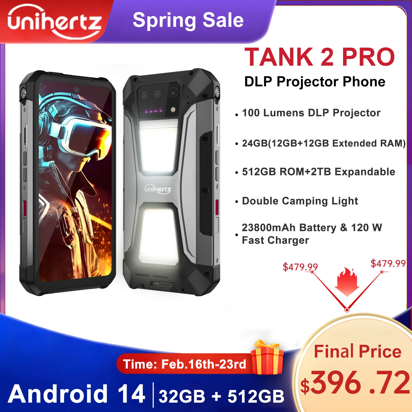 Unihertz Tank 2 Pro 8849 견고한 휴대폰(프로젝터 포함), 100MP 카메라, 24GB 512GB, Android 14, 100MP, NFC, Helio G99, 23800mAh, 4G