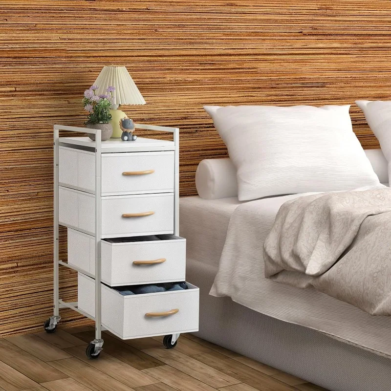 

Комод для спальни, тканевый комод с 4 выдвижными ящиками и деревянной поверхностью, вертикальный органайзер для хранения, комод с колесами, комоды