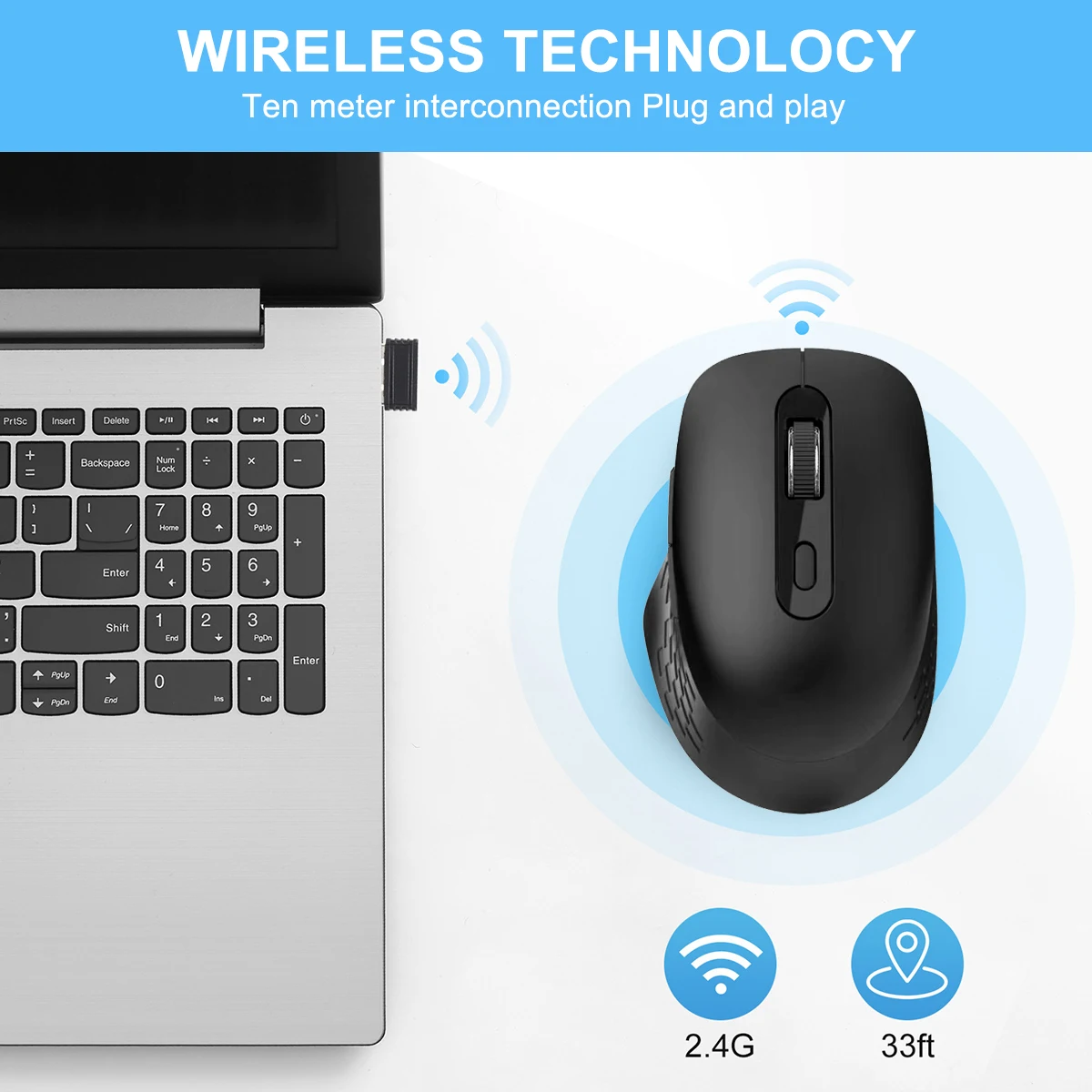 Mouse wireless ergonomico 2.4G con adattatore USB, 3 DPI regolabili, mouse da ufficio/giochi, per laptop/PC (batteria non inclusa)
