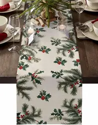 Christmas Pine Needle Berry Linen Table Runner for Dining Table Decor Winter Xmas Botanical Table Runners Christmas Decorations