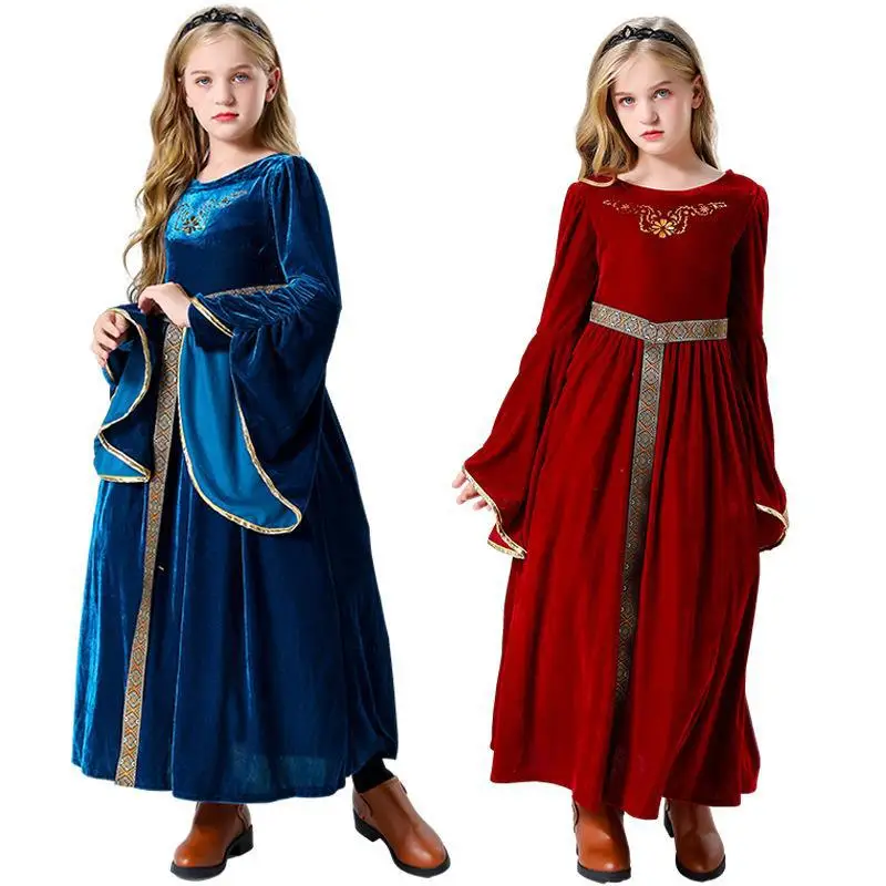 Medieval Renaissance Princess Queen Costume Gown Robe Blue Red Medieval Swing Dress Girl Vampire Halloween Costumes