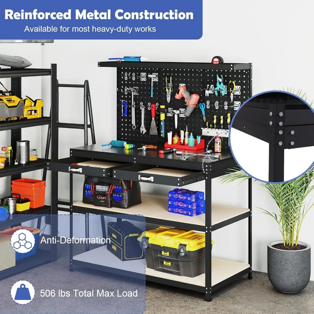 Banco de trabajo resistente de 48 x 24 con cajones, tablero perforado, estantes de almacenamiento, accesorios para colgar, capacidad de 506 libras