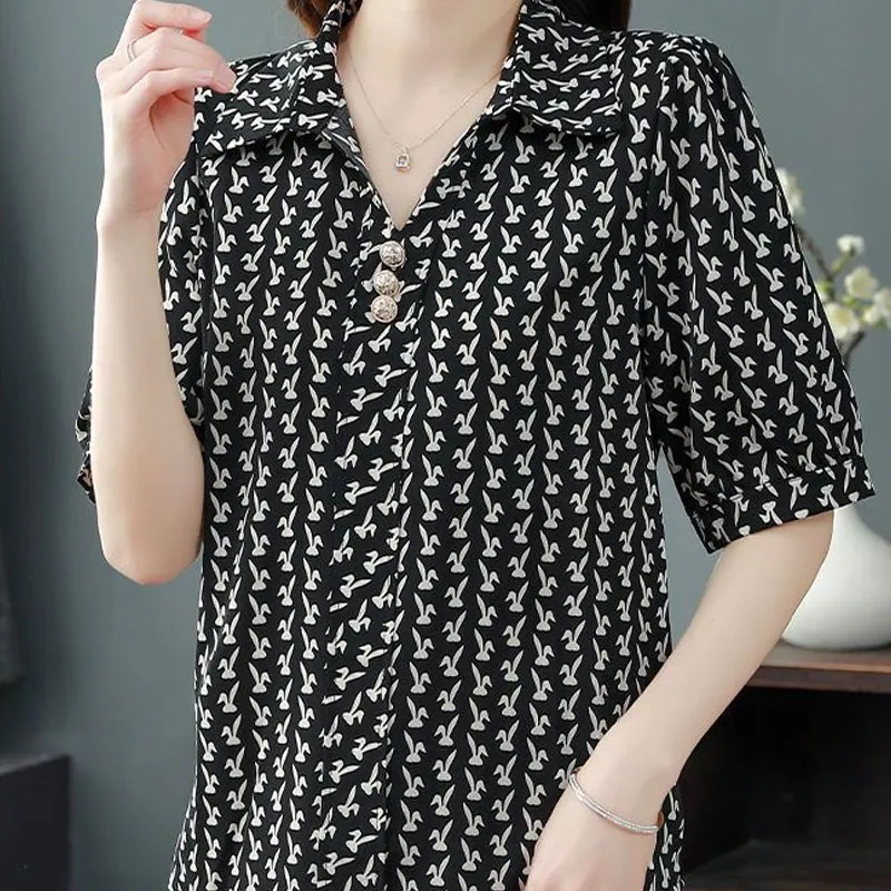 Commute Stylish Printed Blouse Chic Button Women\'s Clothing Casual Turn-down Collar Chic Button Spring Summer 3/4 Sleeve Shirt