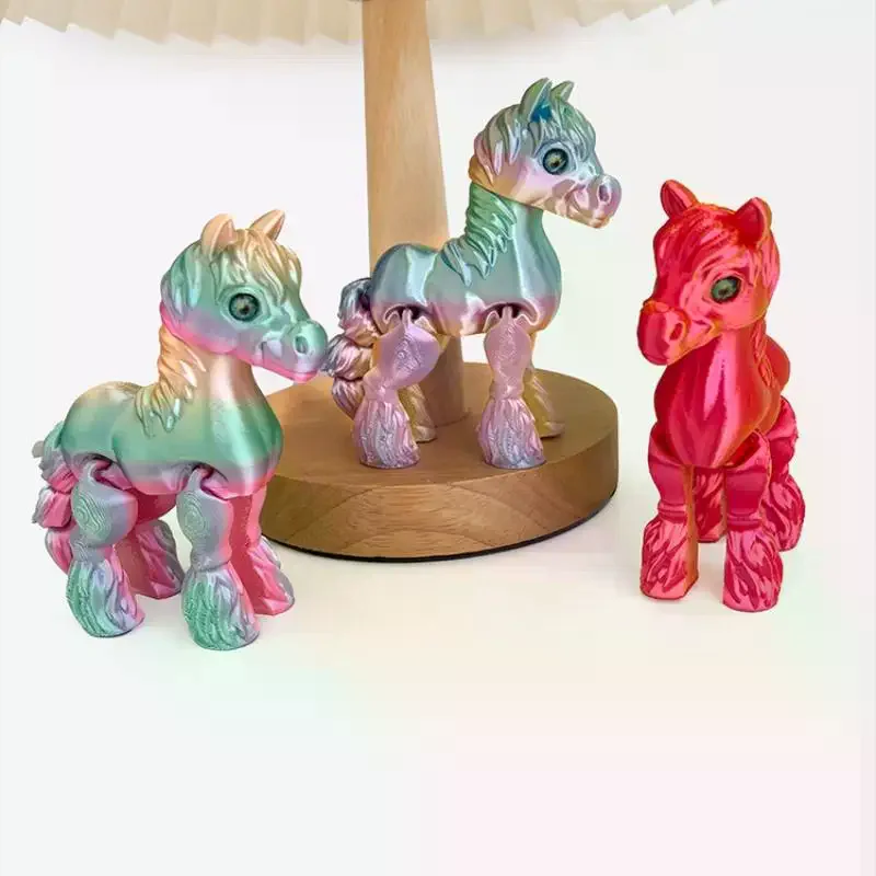3D Printed Toy Rainbow Horse Simulated Statue Cute Zodiac Horse Joint Tail Movable Figurine Office Decor New Year Gift