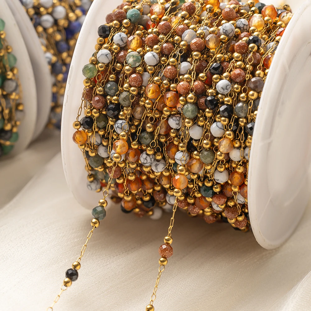 

1Meter Elegant Mix Round Stone Beads 3mm Stainless Steel Chain for Jewelry Making DIY Necklaces Bracelet Clothing Craft Supplies