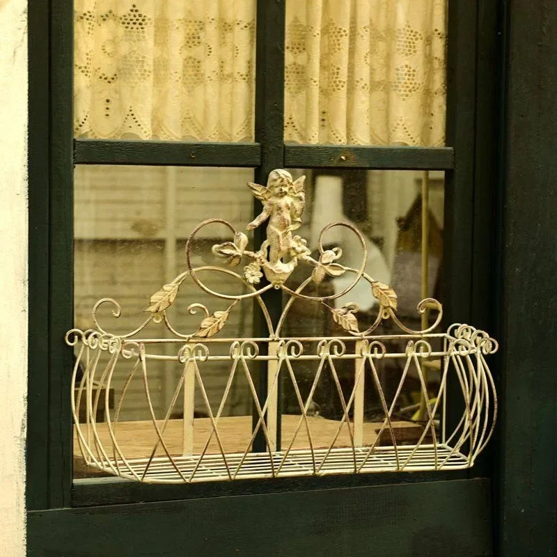 American retro wrought iron angel wall hanging flower stand, old window sill hanging basket, courtyard garden decoration set of