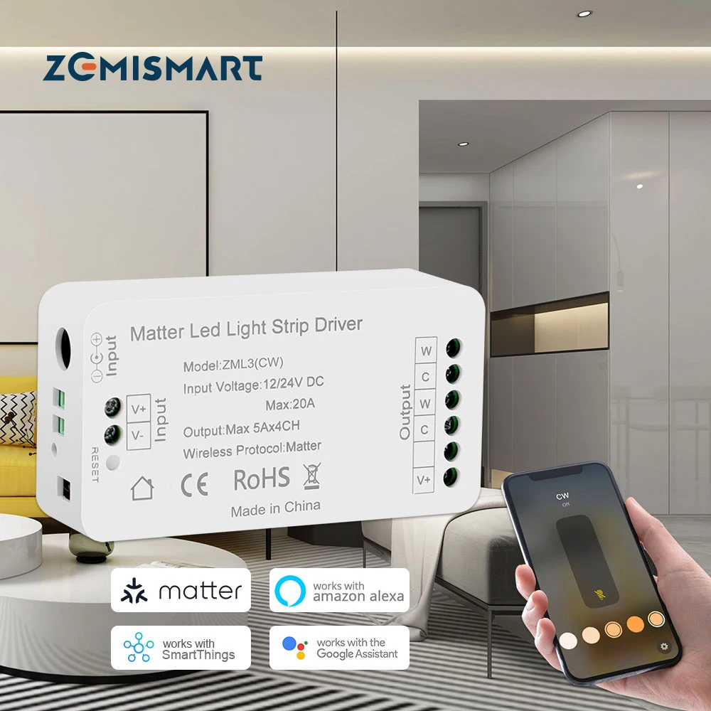 Zemismart Matter Over WiFi CW WW Led Light Strip Driver Smart LED Controller Smartthings Alexa Google Home App Siri Control