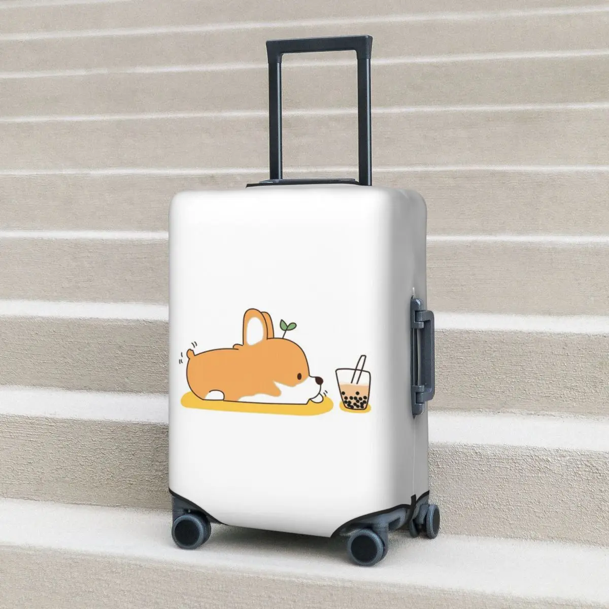 Corgi And Bubble Tea Suitcase Cover Protection Elastic Trip Luggage Protector Covers for 18-32 Inch