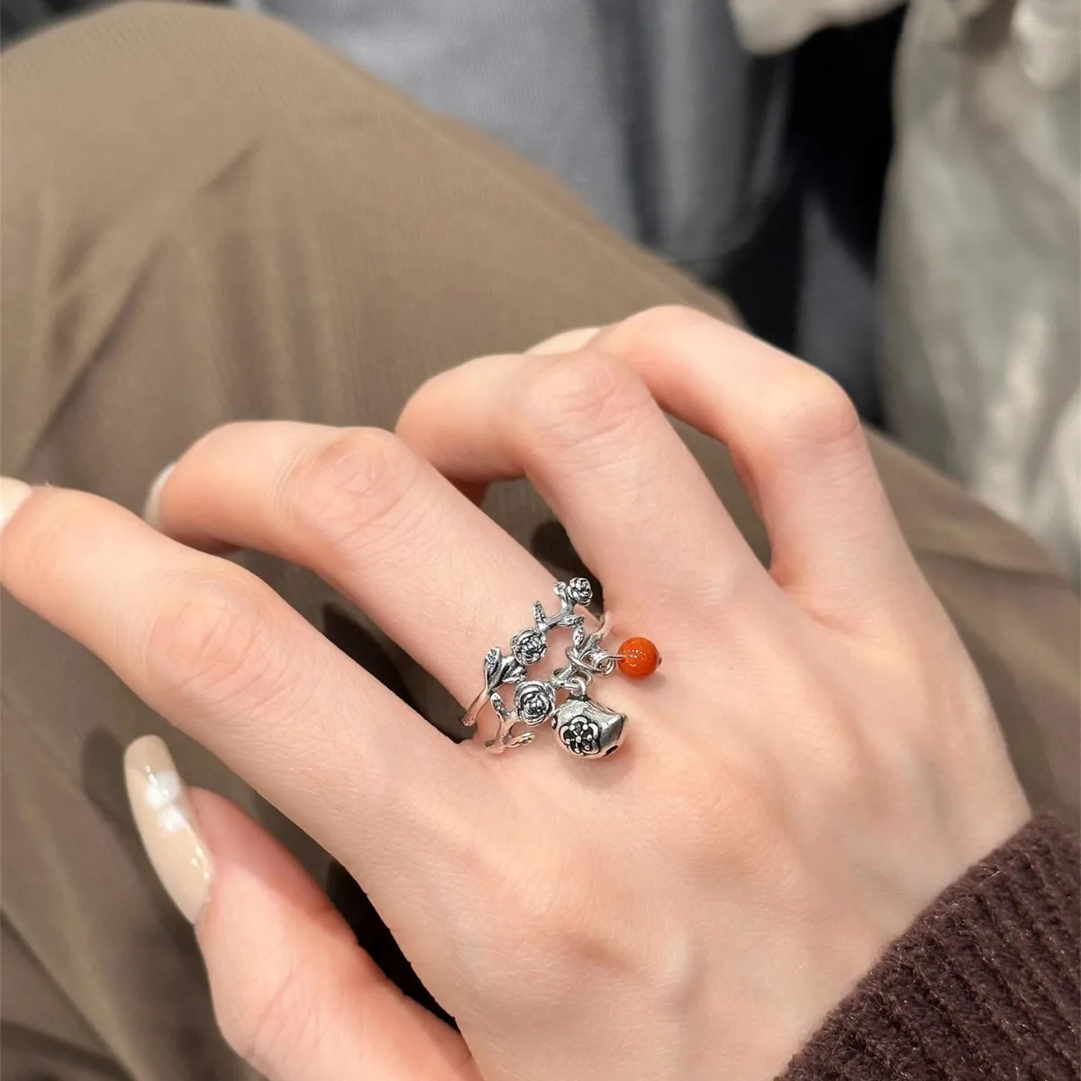 Silver 925  Rose flower vine winding little bird Ring Stacked Vintage Southern Red Tourmaline Round beads ring Charm Jewelry
