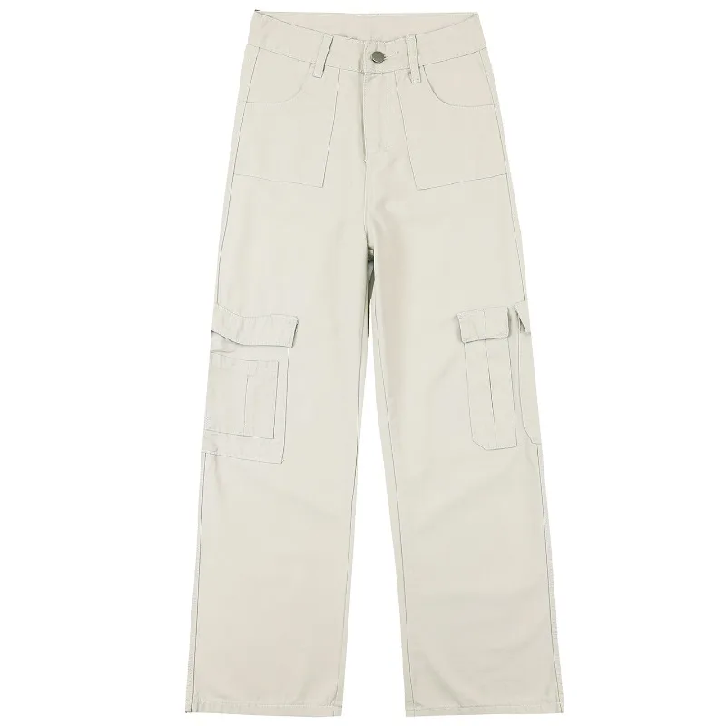 2026 Early Autumn Women Cream White American Multi‑Pocket Cargo Jeans Loose Straight Versatile Fashion Street Casual Denim Pants