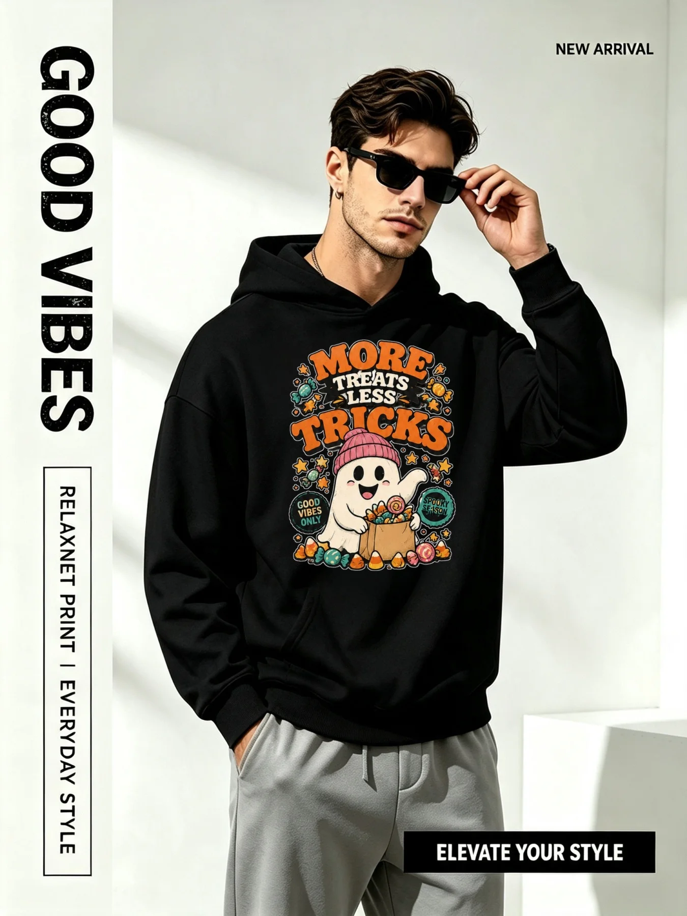 Cute Halloween Ghost Print Hoodie for Men, with More Candy and Less Pranks Design, Long-Sleeved Hooded Style, Casual Horror-Themed for Everyday Wear and Halloween Parties