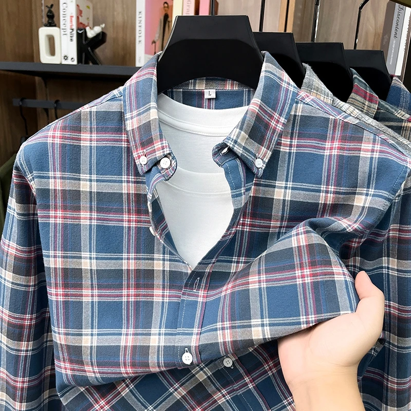 New Men's Pure Cotton Long-Sleeved Shirt Polo Shirt Lapel Button Checkered Pattern Design Casual Fashion Western Style Man Shirt
