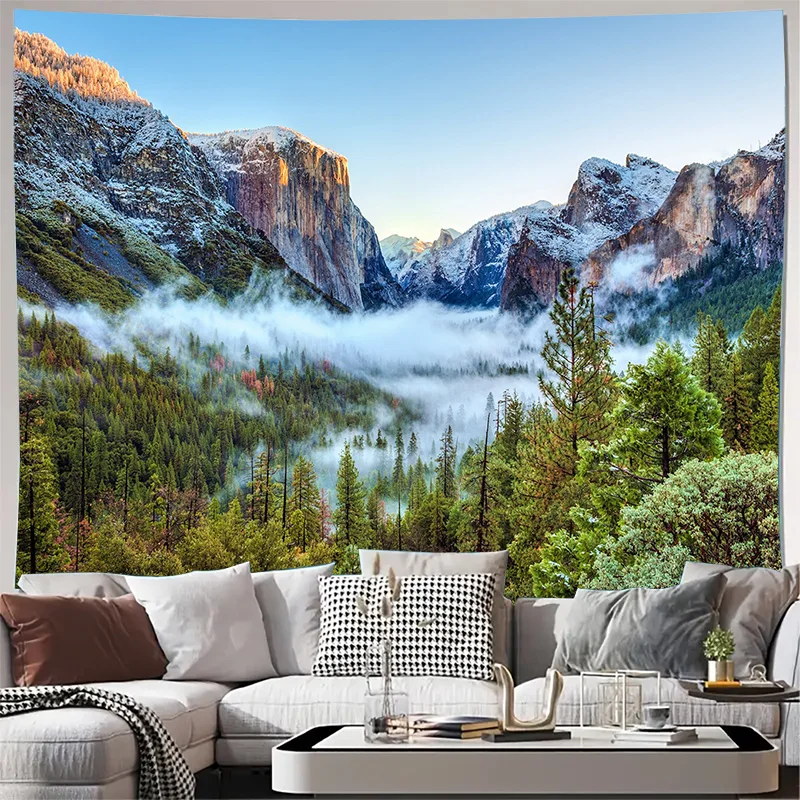 Snowy Mountain Valley Fog Forest Landscape Wall Tapestry Machine Washable All Season Decor Art Print Nature Scenery Design Home