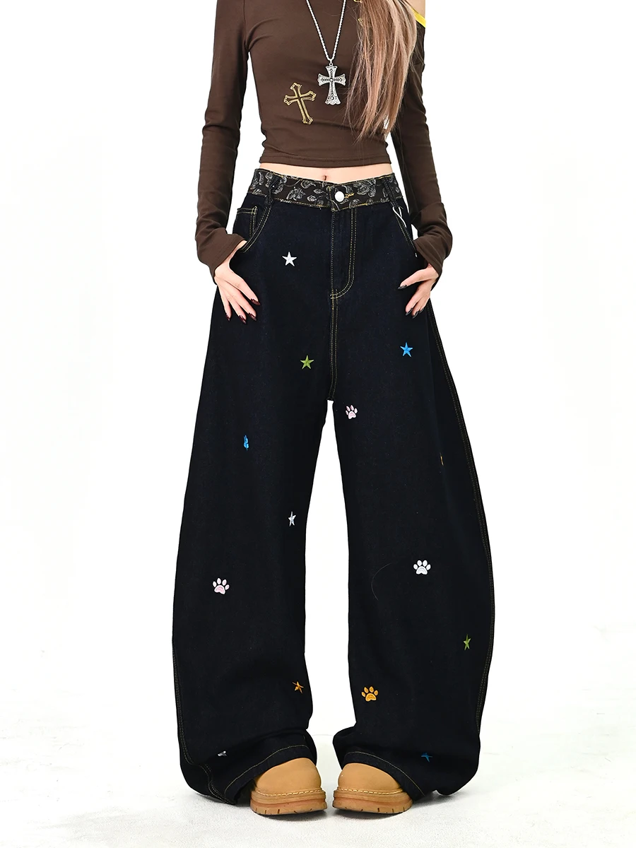 

Star Embroidery Wide Leg Jeans Women's Loose BF American Streetwear Spring New Arrival Floor-Length Pants Casual Sle