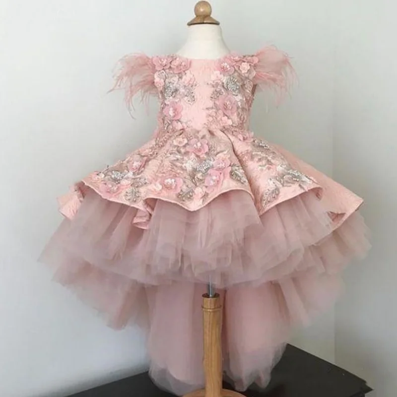 Vestidos florais personalizados para meninas, tule rosa, padrão de cetim inchado, apliques com laço, manga de penas para casamento, aniversário,