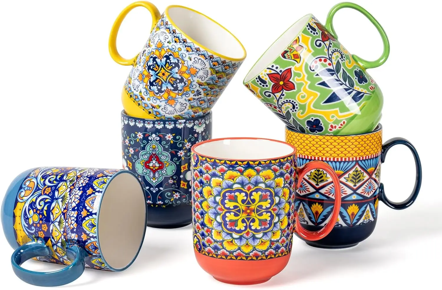 Boho Ceramic Coffee Mugs Set of 6 – 14 oz Porcelain Cups for Latte, Cappuccino, Tea & Cocoa – Microwave & Dishwasher Safe