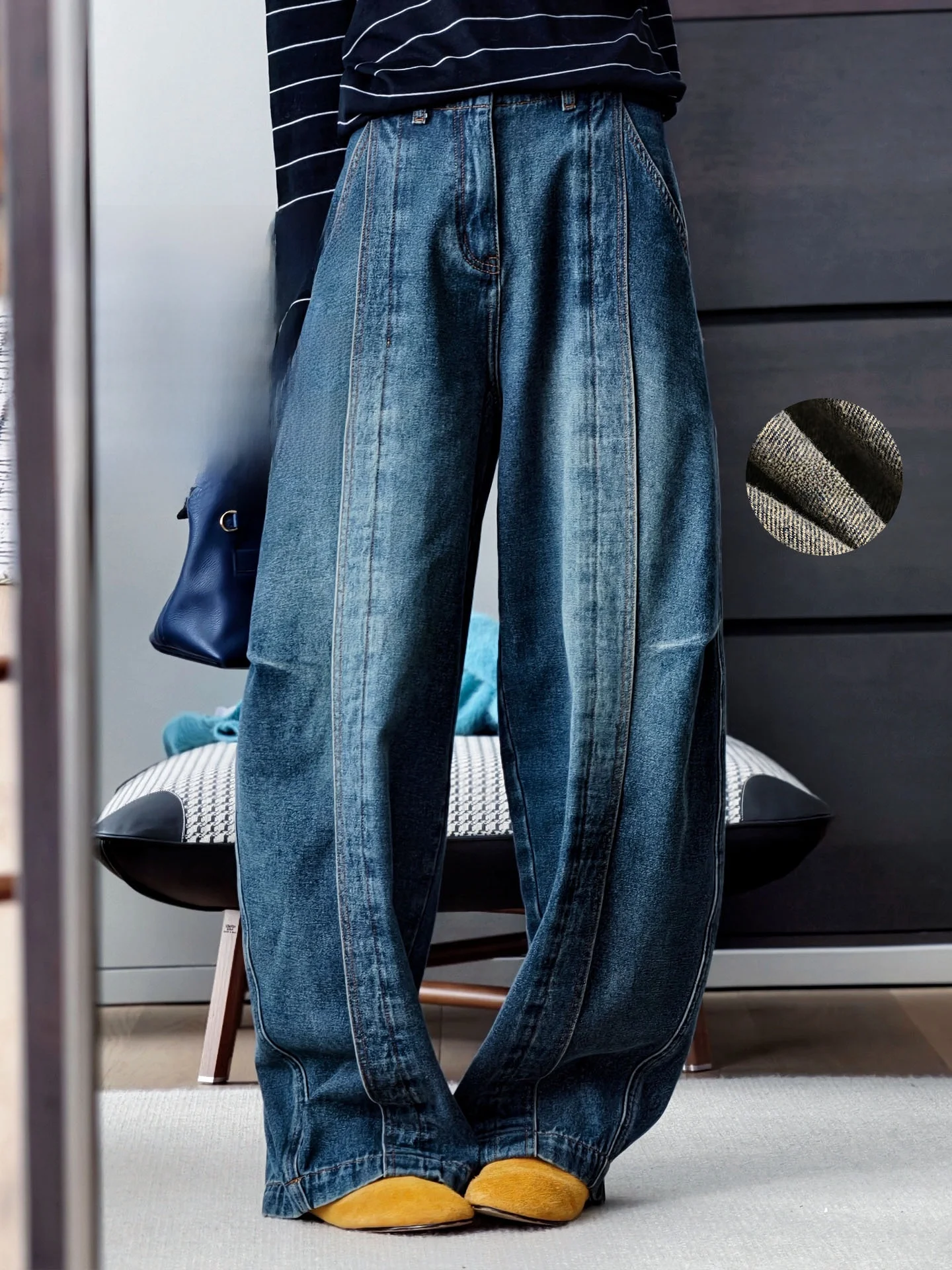 

Утепленные джинсы из денима с высокой талией, фасон «фонарик», белые, повседневные, с молнией, однотонные, осенние, Meiyang