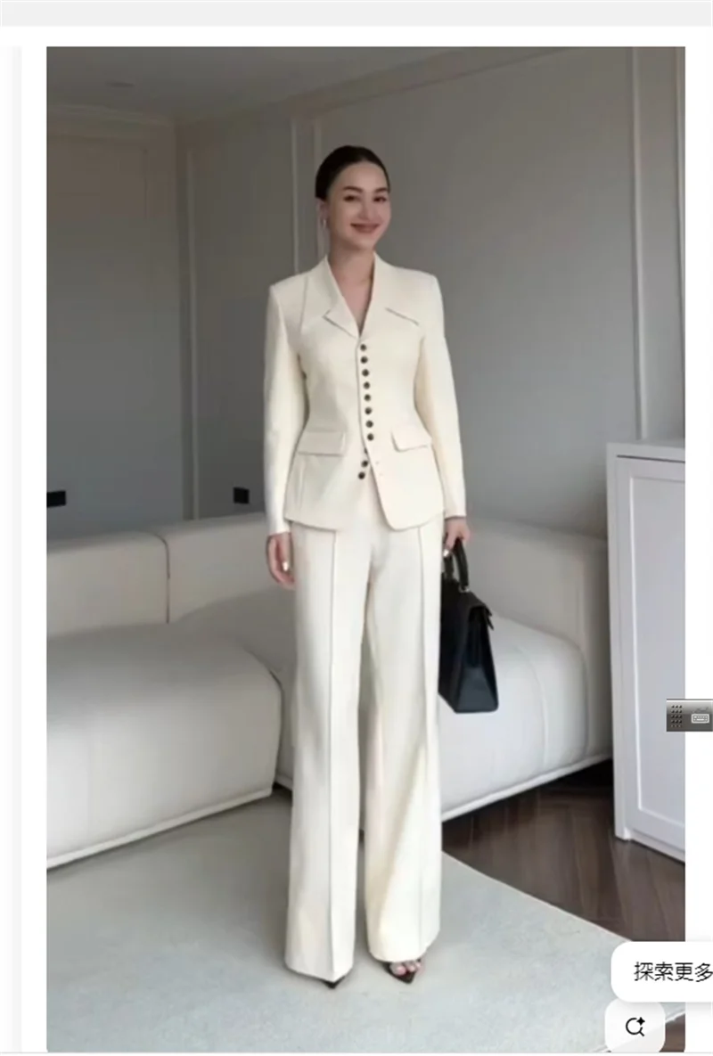 

White Women Suit Set 2 Pcs Blazer+Pants Trousers Single Breasted Formal Office Lady Jacket Customized Cotton Wedding Prom Coat