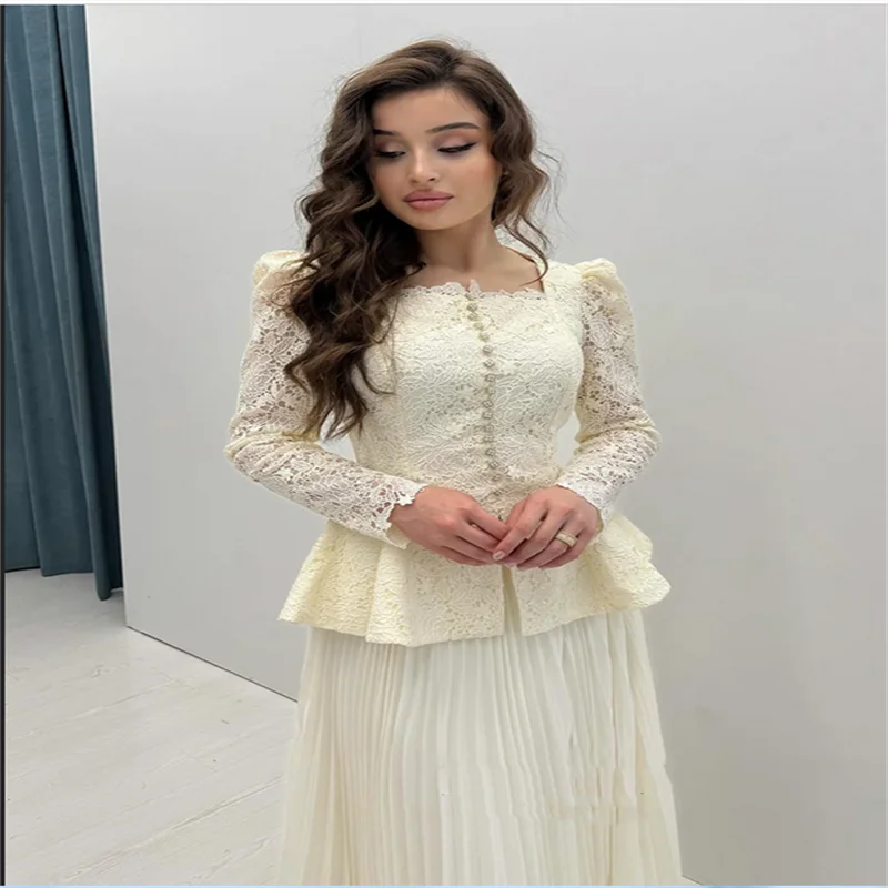 Tweedelige Arabische avondjurk op maat gemaakte vierkante hals volledige mouwloze kanten plooi chiffon A-lijn galajurk feestjurken