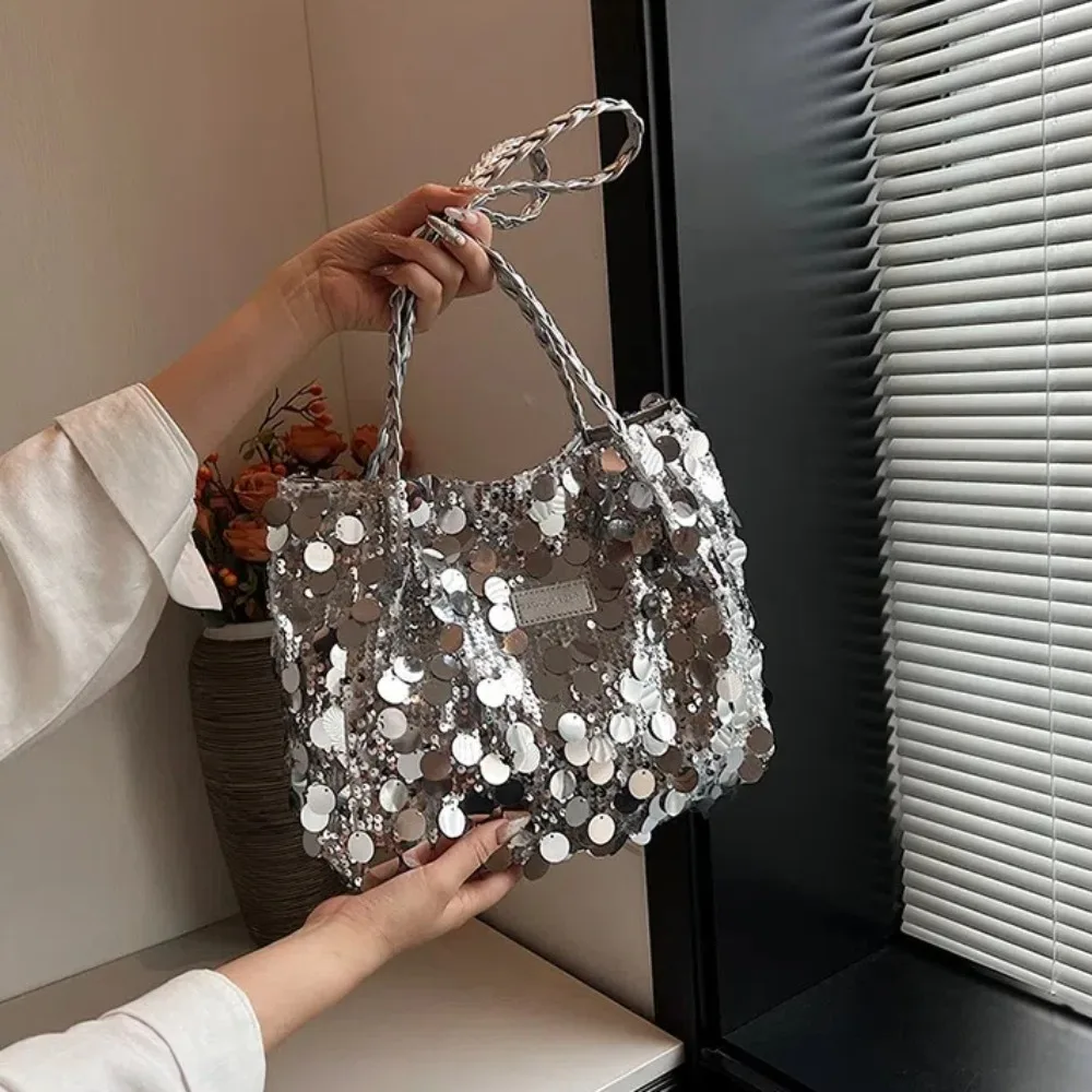 Portable Sparkling Sequin Shoulder Bags Large Capacity Zipper Closure Tote Bag Solid Color Fashion Handbag Women