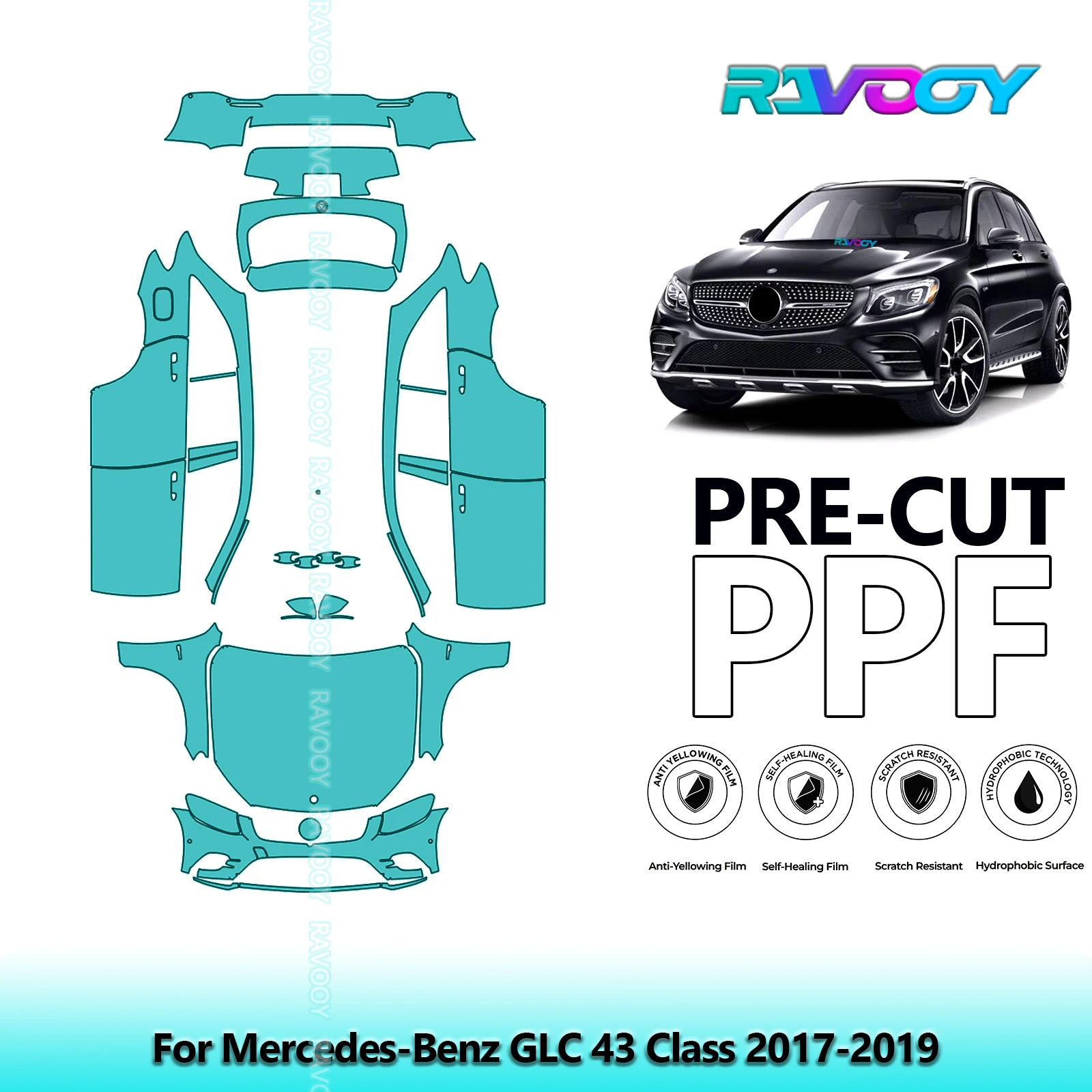 RAVOOY Custom-Fit Precut TPU PPF Full Vehicle Clear Bra Stone Guard EU UK For Mercedes-Benz GLC 43 Class 2017-2019