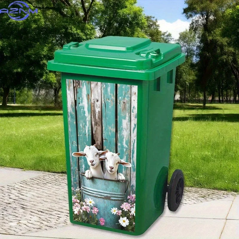 2D Flat, 1pc Trash Can Sticker - 2D Flat Peel-and-Stick Decal with Charming Goats & Flowers Design, Green Waste Bin Cover for