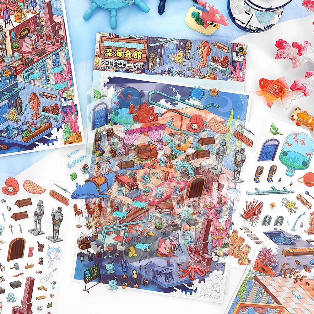 4 Blatt/Beutel Today's Business Series Aquarium Thema 2,5D PET Diorama Aufkleber für Scrapbooking DIY Rahmen Collage Dekoration